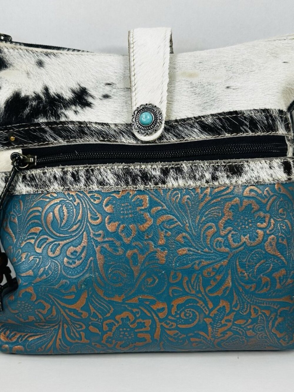 Myra Bag Cowhide Crossbody Shoulder Purse Blue Metallic Floral Teal Western